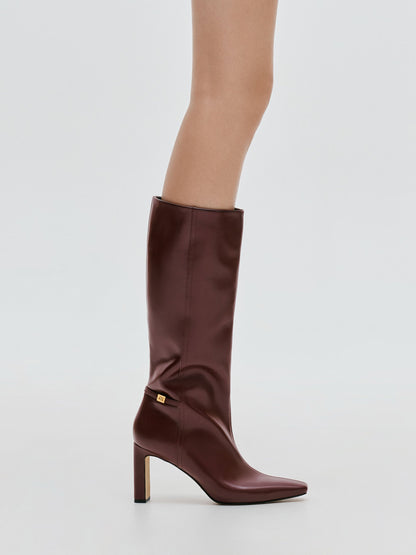 Georgina Leather Knee-High Boots - Burgundy | CHARLES & KEITH