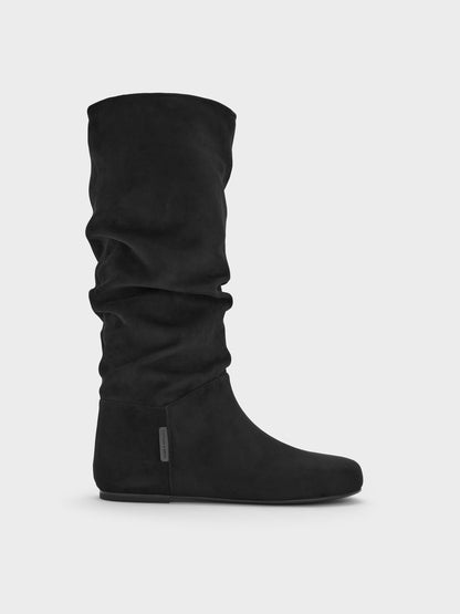 Faux Suede Ruched Knee-High Boots - Black Textured | CHARLES & KEITH