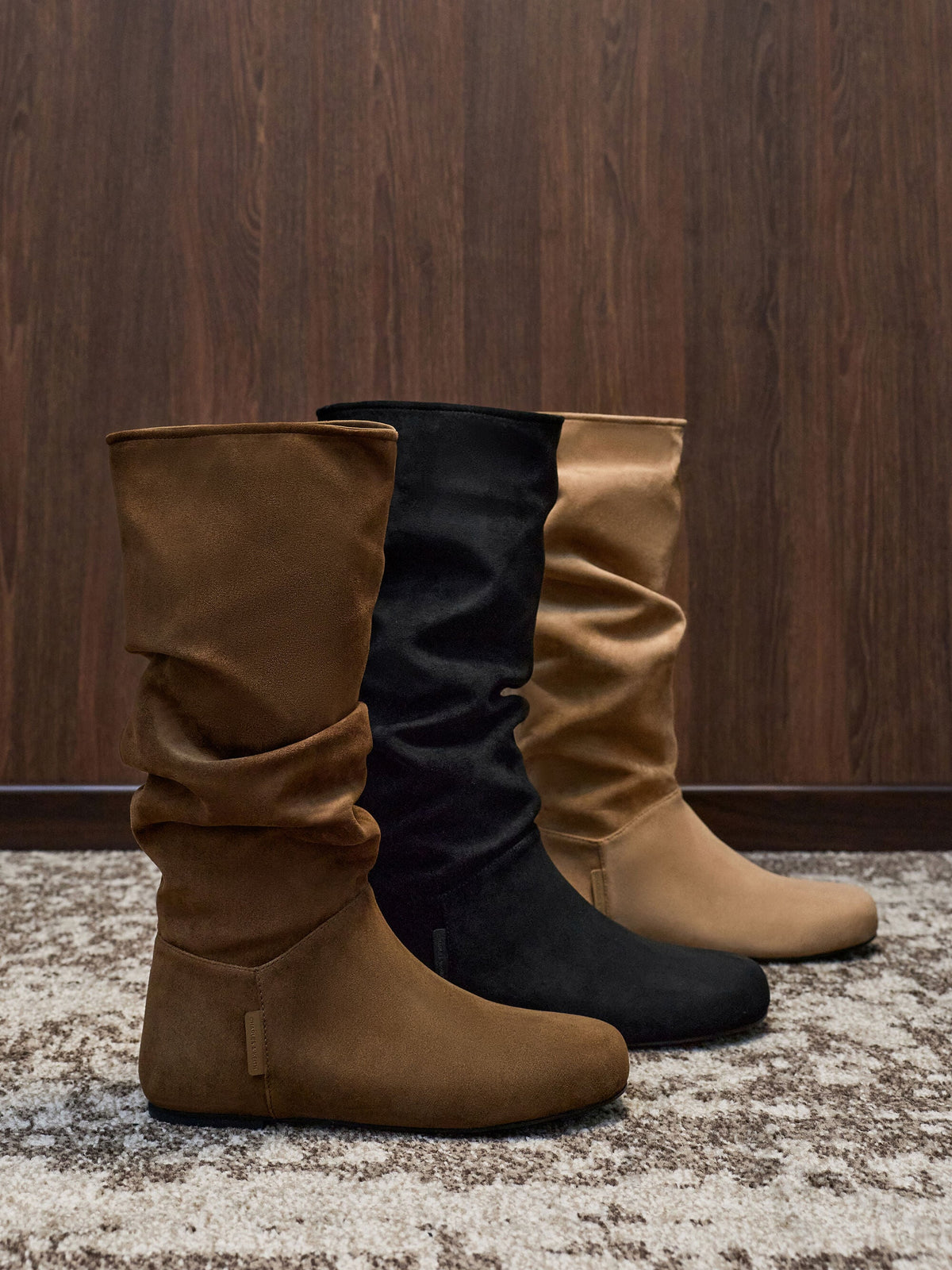 Faux Suede Ruched Knee-High Boots - Black Textured | CHARLES & KEITH