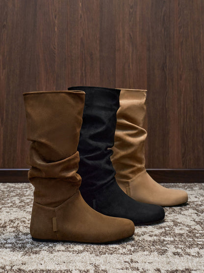Faux Suede Ruched Knee-High Boots - Black Textured | CHARLES & KEITH