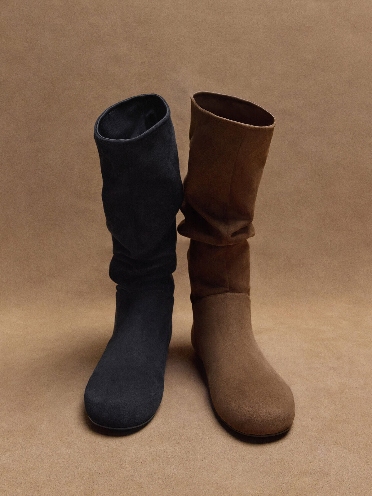 Faux Suede Ruched Knee-High Boots - Black Textured | CHARLES & KEITH