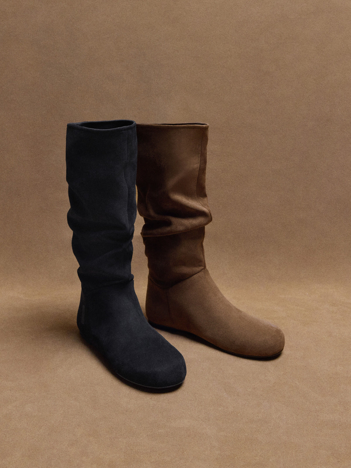 Faux Suede Ruched Knee-High Boots - Black Textured | CHARLES & KEITH