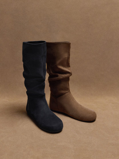 Faux Suede Ruched Knee-High Boots - Black Textured | CHARLES & KEITH