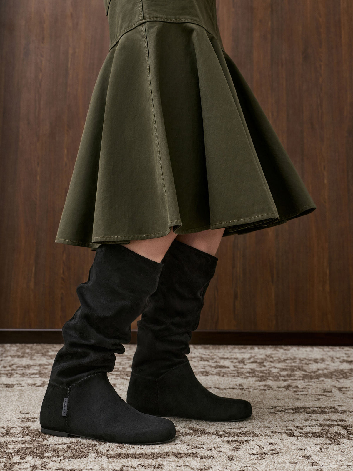 Faux Suede Ruched Knee-High Boots - Black Textured | CHARLES & KEITH