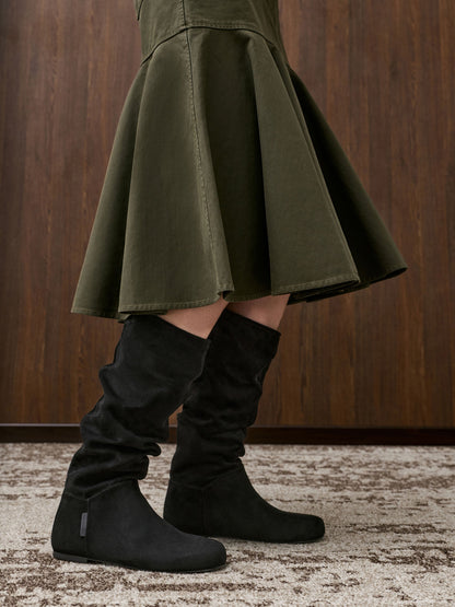 Faux Suede Ruched Knee-High Boots - Black Textured | CHARLES & KEITH