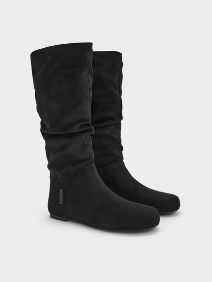 Faux Suede Ruched Knee-High Boots - Black Textured | CHARLES & KEITH