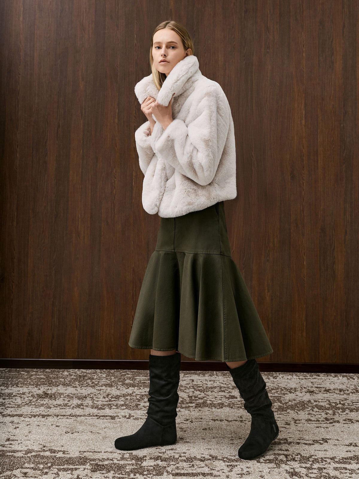 Faux Suede Ruched Knee-High Boots - Black Textured | CHARLES & KEITH
