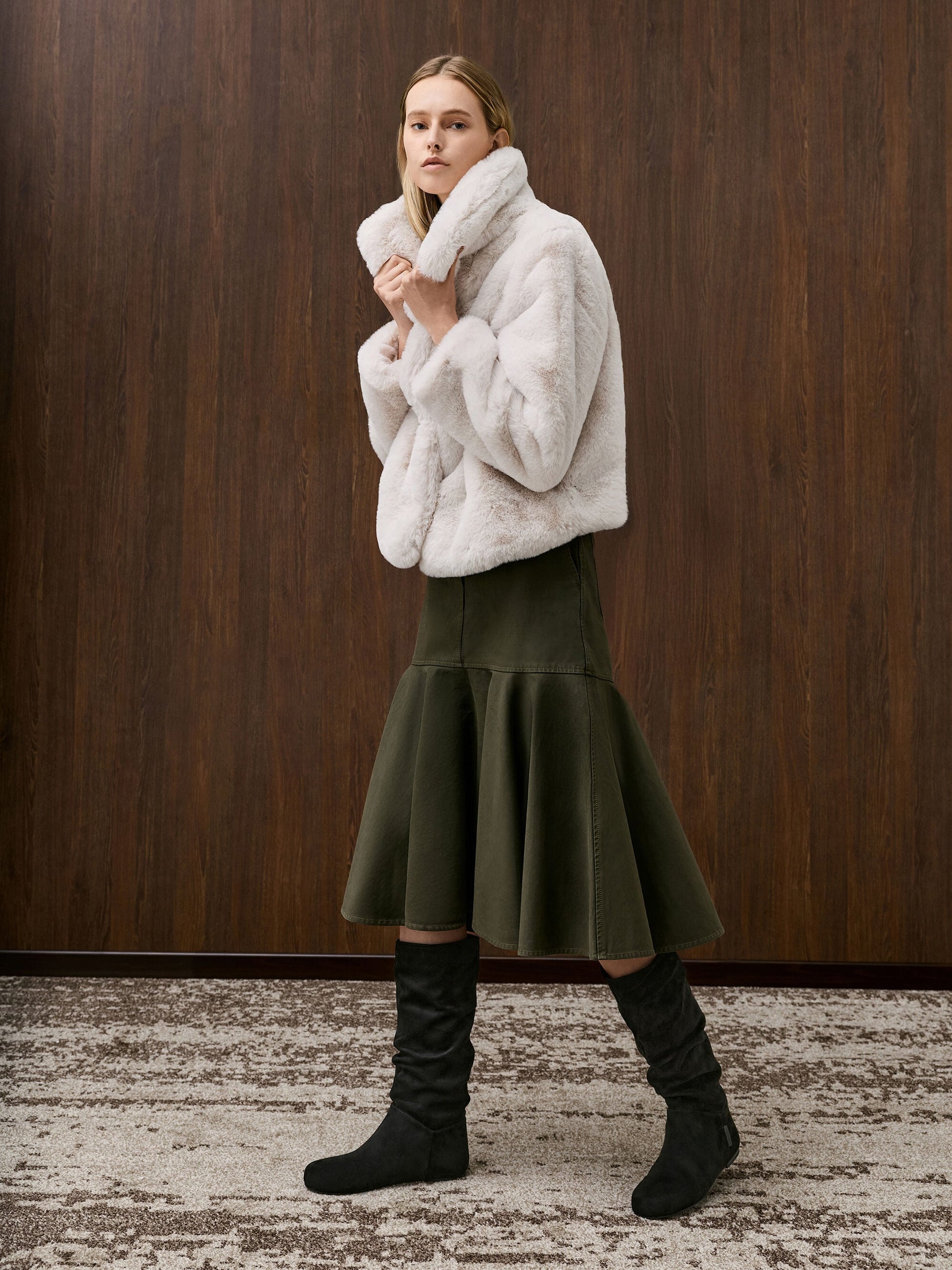 Faux Suede Ruched Knee-High Boots - Black Textured | CHARLES & KEITH