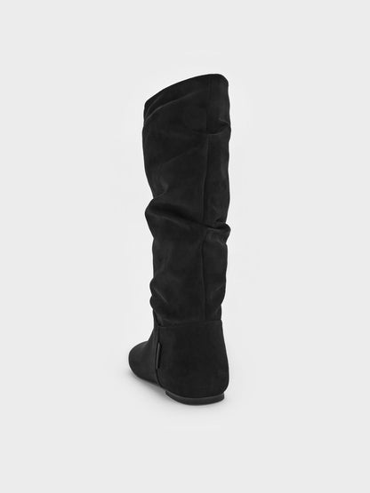 Faux Suede Ruched Knee-High Boots - Black Textured | CHARLES & KEITH