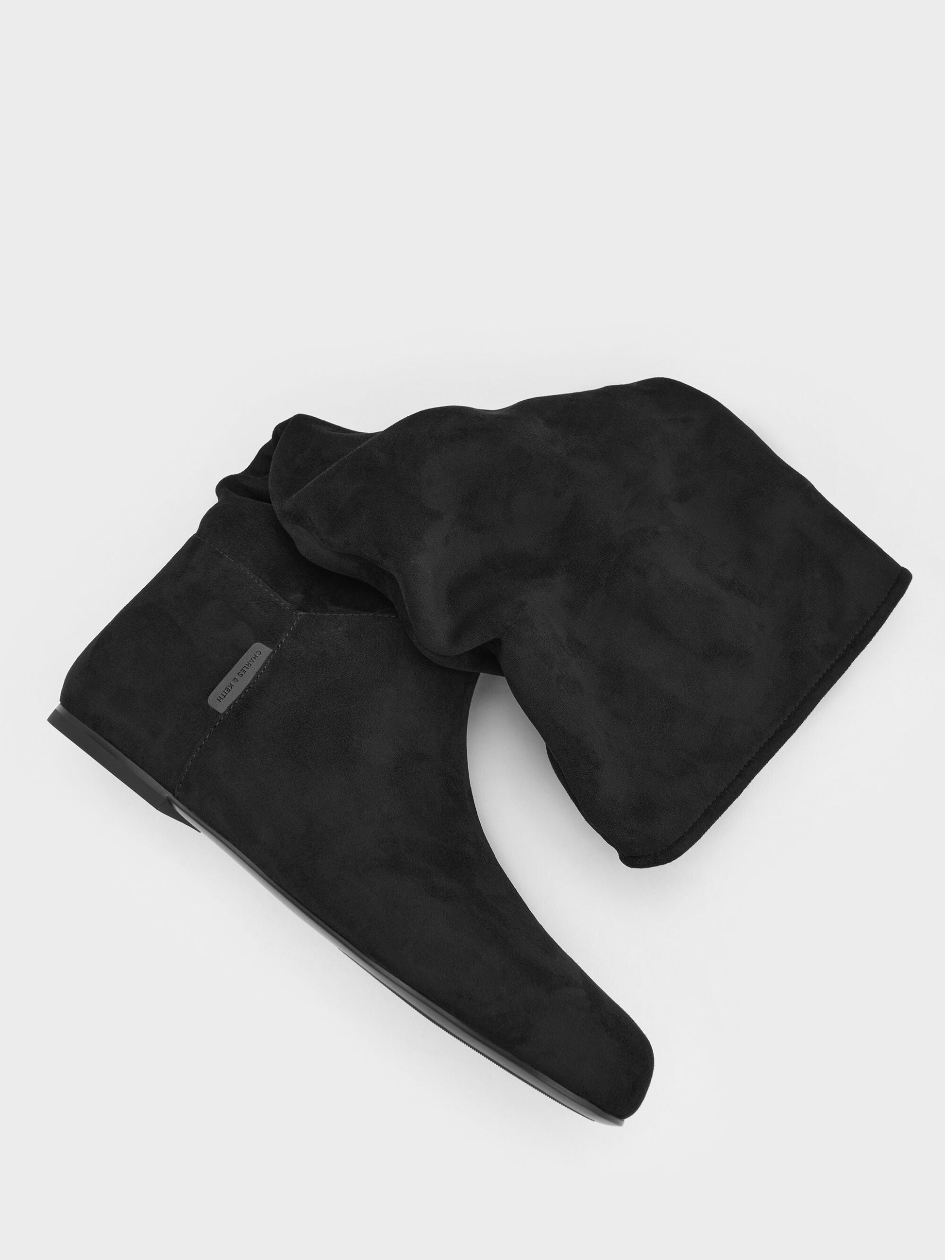 Faux Suede Ruched Knee-High Boots - Black Textured | CHARLES & KEITH