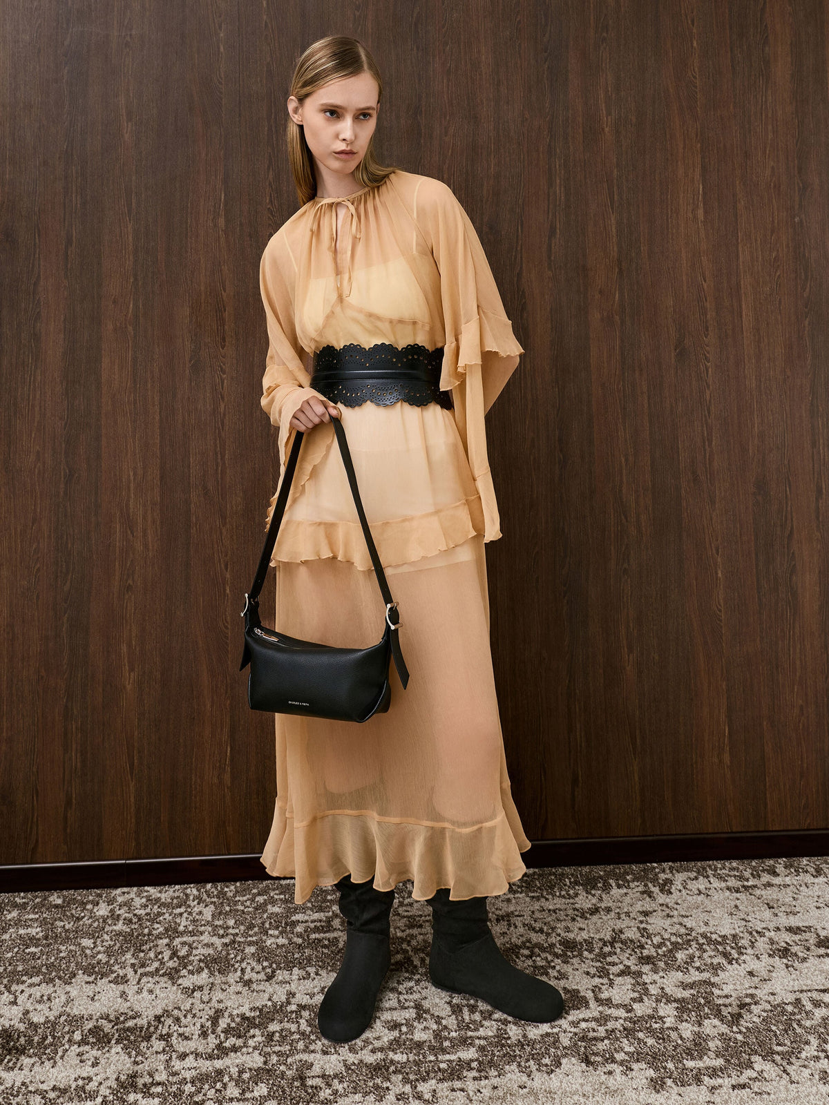Faux Suede Ruched Knee-High Boots - Black Textured | CHARLES & KEITH