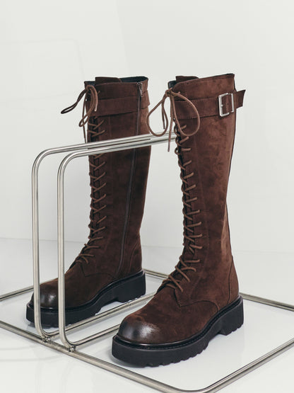 Darian Faux Suede Knee-High Boots - Dark Brown Textured | CHARLES & KEITH
