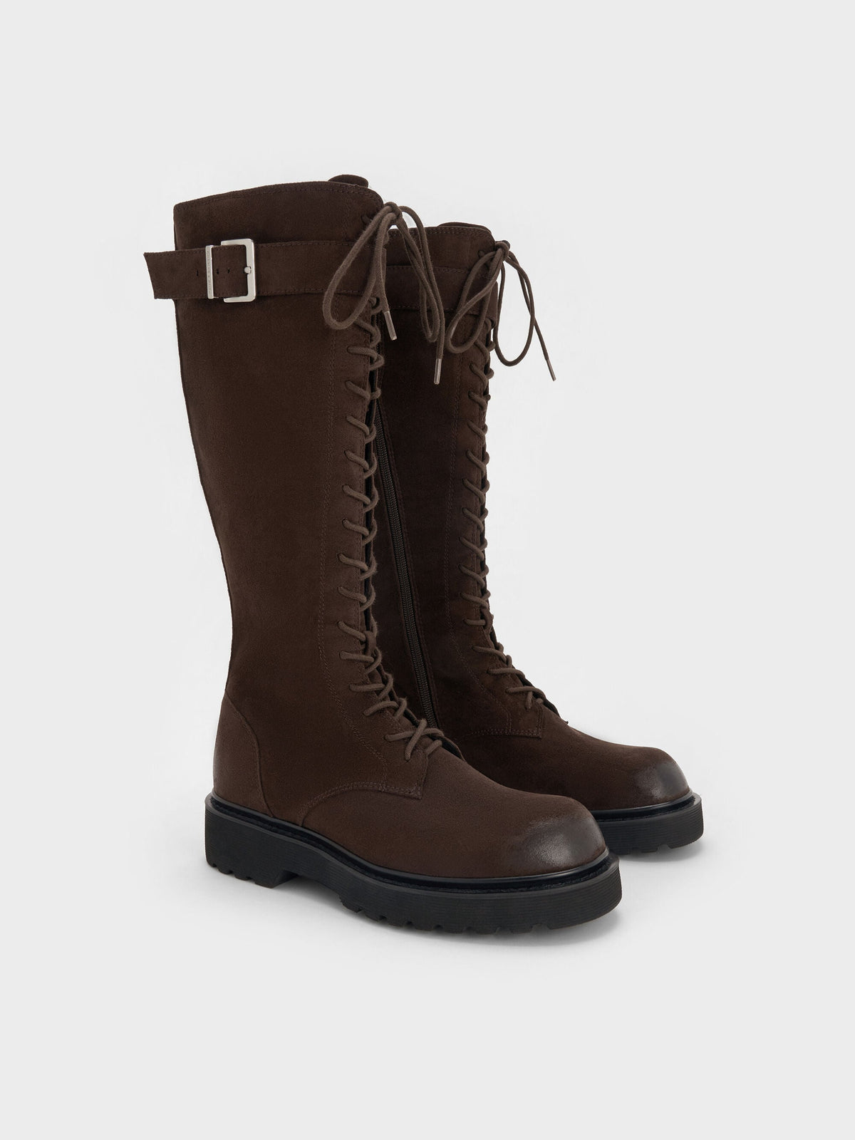 Darian Faux Suede Knee-High Boots - Dark Brown Textured | CHARLES & KEITH