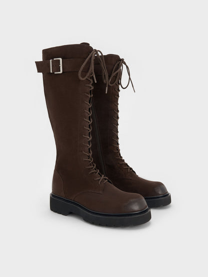Darian Faux Suede Knee-High Boots - Dark Brown Textured | CHARLES & KEITH