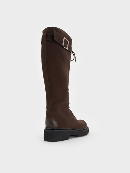 Darian Faux Suede Knee-High Boots - Dark Brown Textured | CHARLES & KEITH