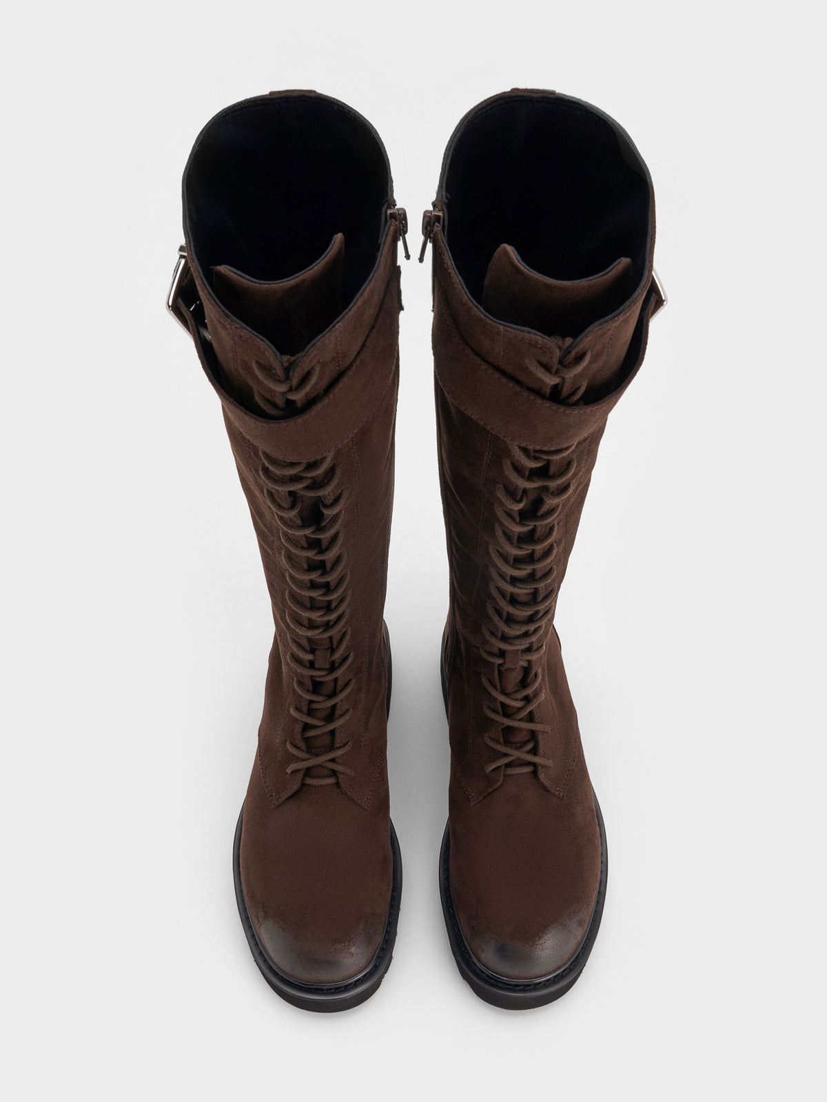 Darian Faux Suede Knee-High Boots - Dark Brown Textured | CHARLES & KEITH