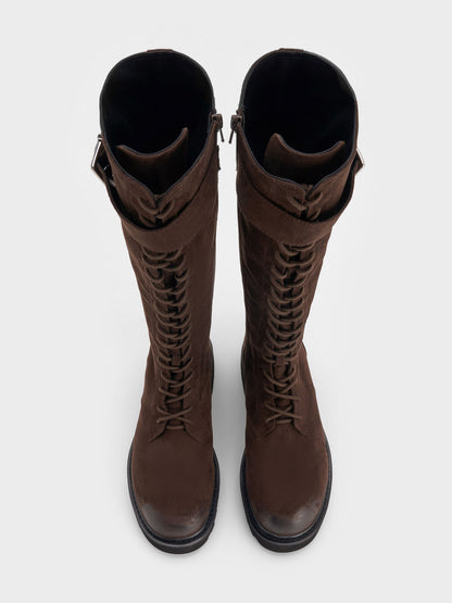 Darian Faux Suede Knee-High Boots - Dark Brown Textured | CHARLES & KEITH