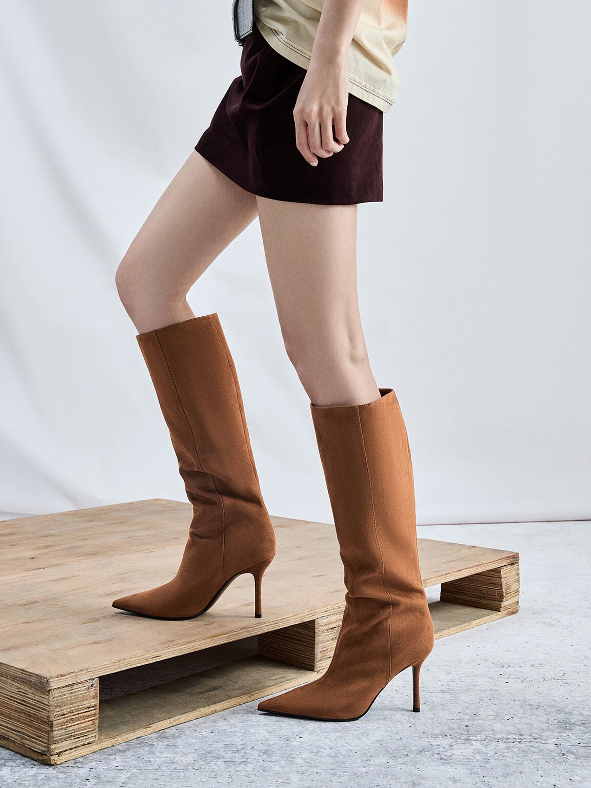Faux Suede Pointed Stiletto Knee-High Boots - Cognac | CHARLES & KEITH
