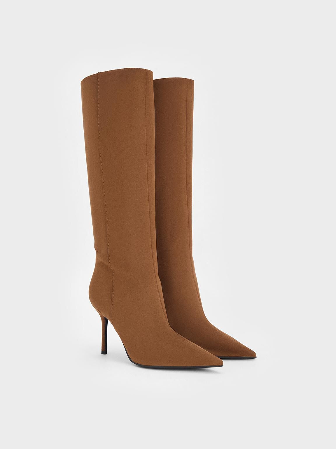 Faux Suede Pointed Stiletto Knee-High Boots - Cognac | CHARLES & KEITH