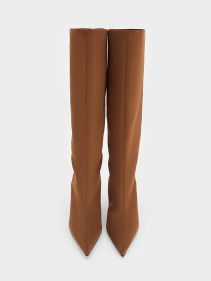 Faux Suede Pointed Stiletto Knee-High Boots - Cognac | CHARLES & KEITH