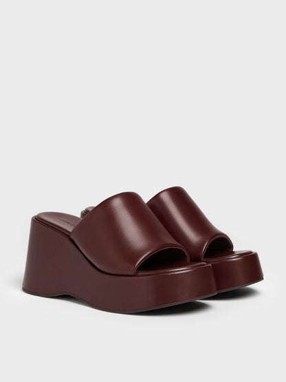 Wide-Strap Platform Wedges - Burgundy | CHARLES & KEITH