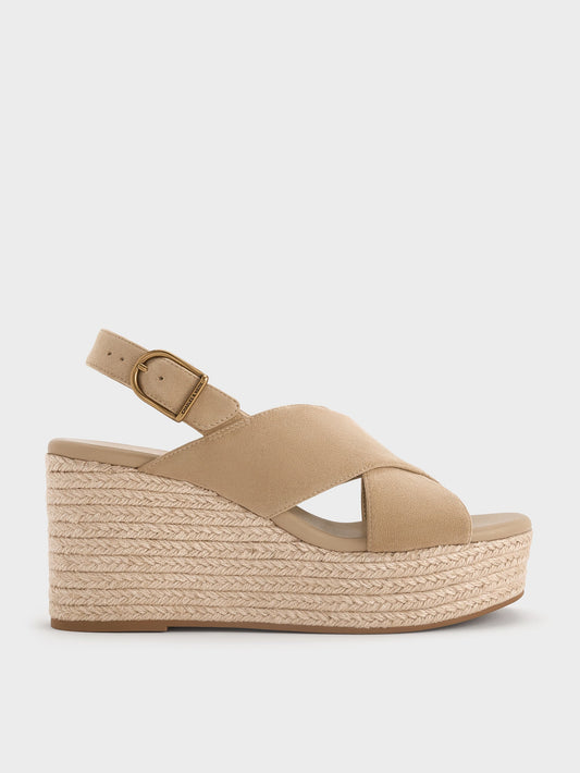 Faux Suede Crossover Espadrille Wedges - Sand | CHARLES & KEITH