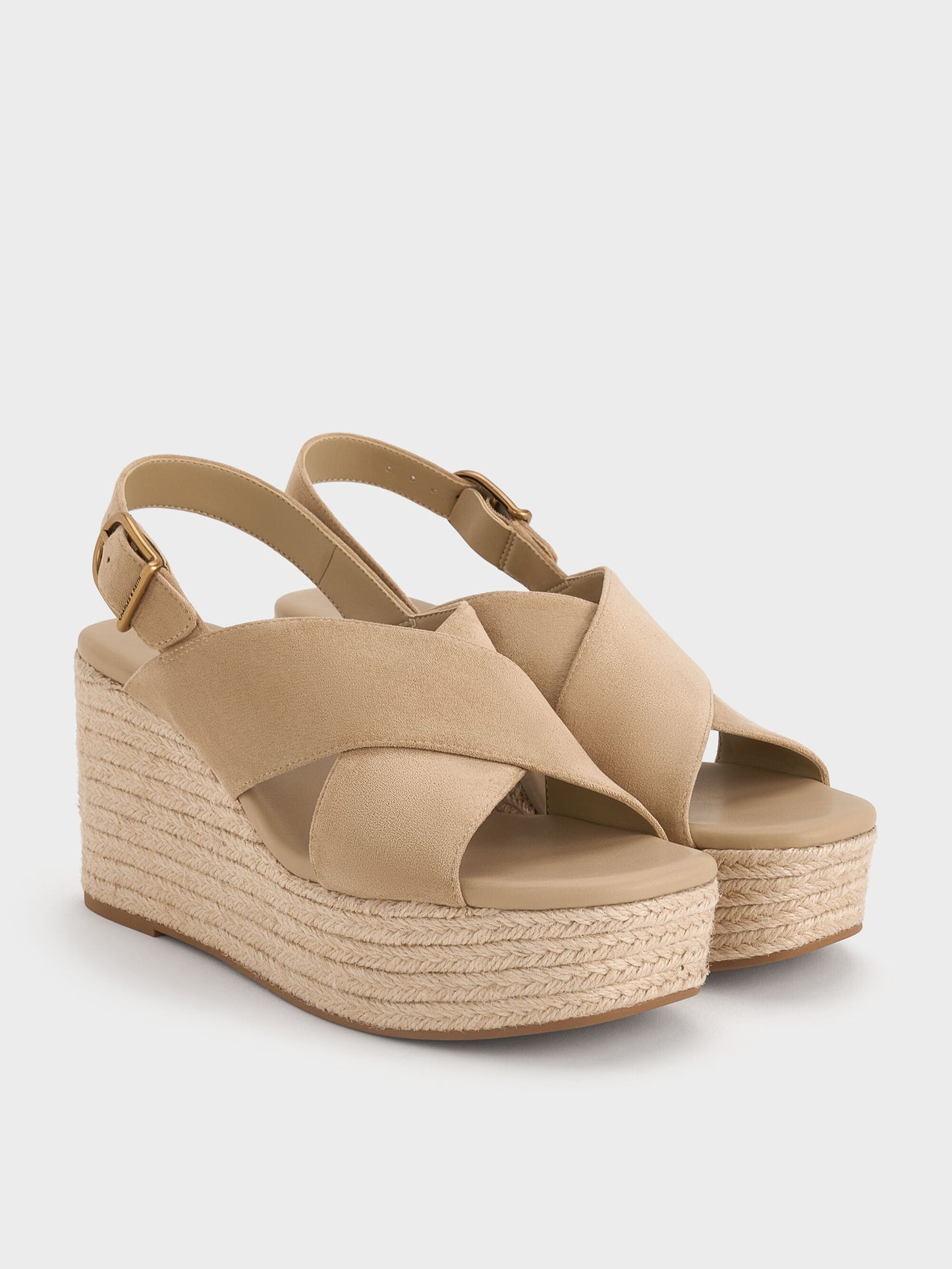 Faux Suede Crossover Espadrille Wedges - Sand | CHARLES & KEITH