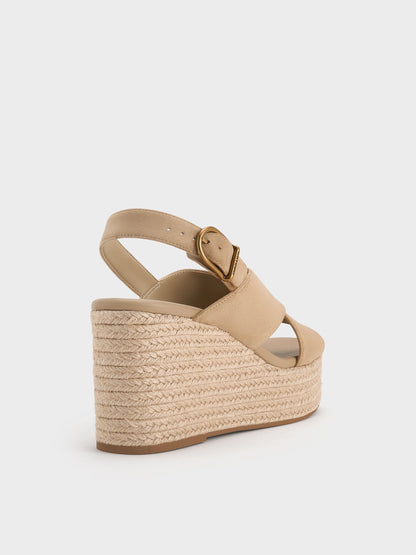 Faux Suede Crossover Espadrille Wedges - Sand | CHARLES & KEITH