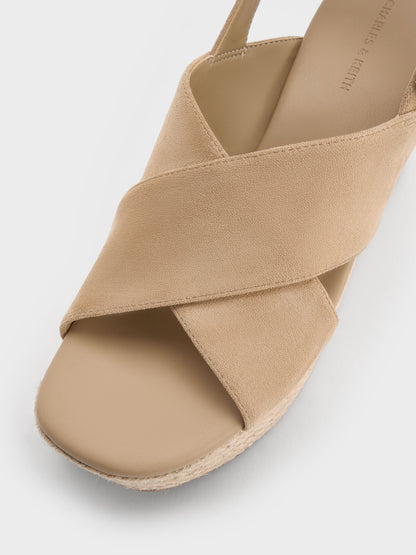 Faux Suede Crossover Espadrille Wedges - Sand | CHARLES & KEITH