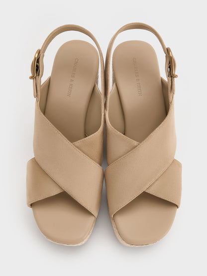 Faux Suede Crossover Espadrille Wedges - Sand | CHARLES & KEITH