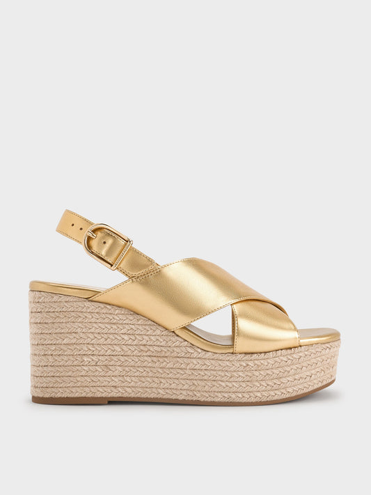Metallic Crossover Espadrille Wedges - Gold | CHARLES & KEITH