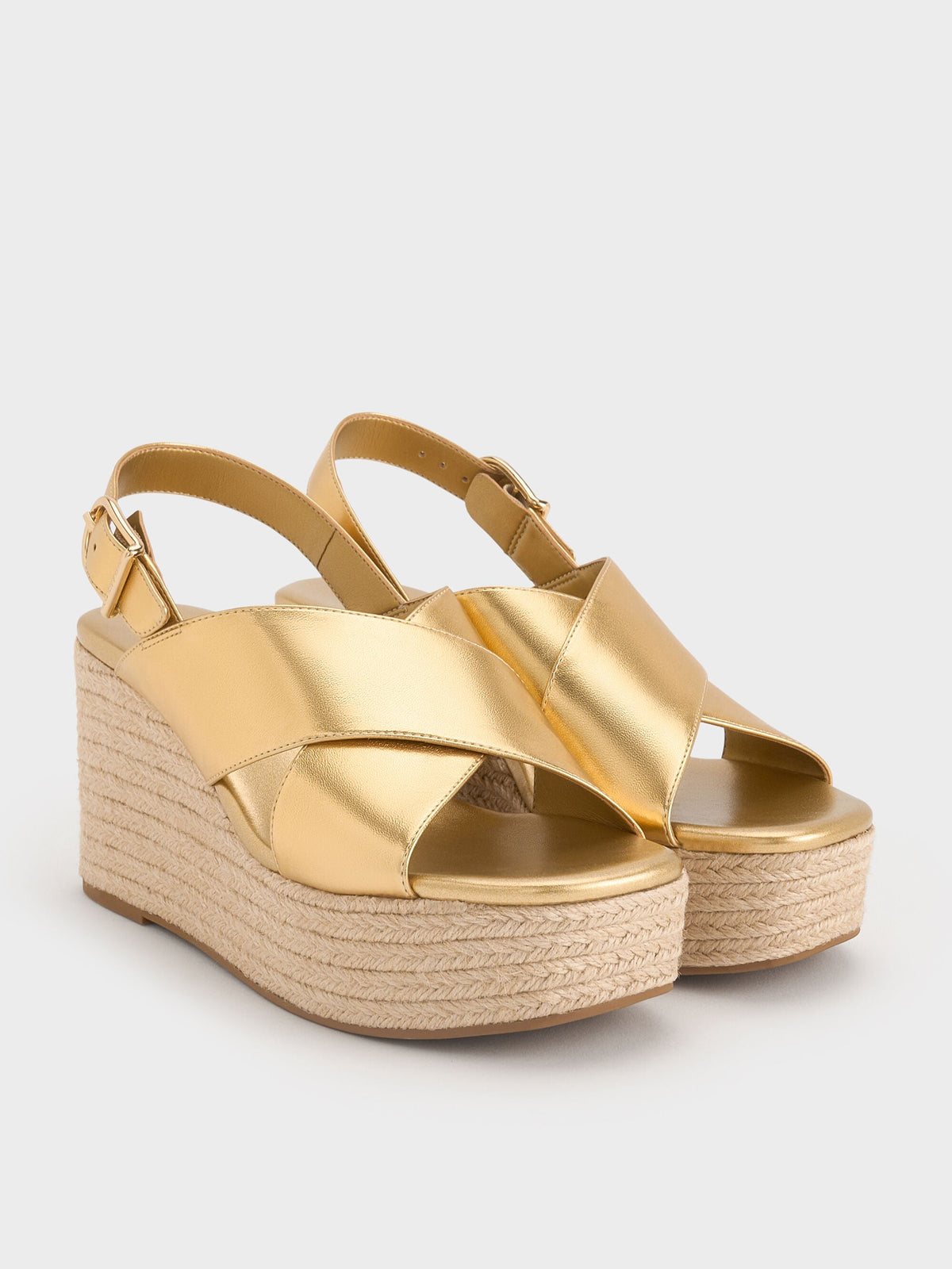 Metallic Crossover Espadrille Wedges - Gold | CHARLES & KEITH