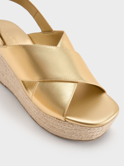 Metallic Crossover Espadrille Wedges - Gold | CHARLES & KEITH