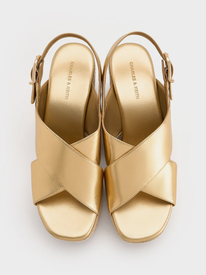 Metallic Crossover Espadrille Wedges - Gold | CHARLES & KEITH