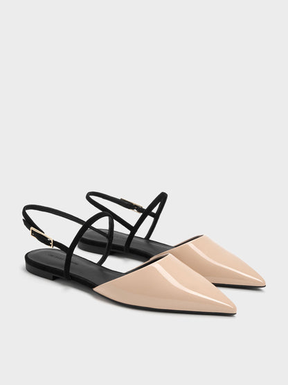 Luciana Patent Faux Suede Pointed Slingback Flats - Nude | CHARLES & KEITH