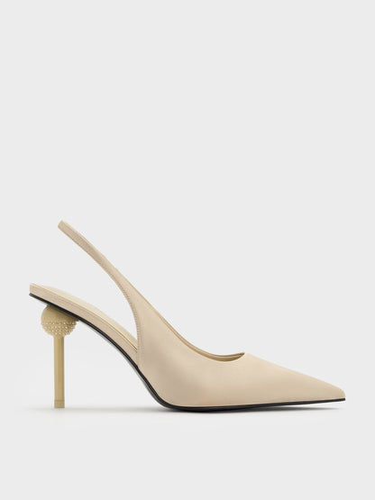 Satin Crystal Ball-Heel Slingback Pumps - Gold | CHARLES & KEITH