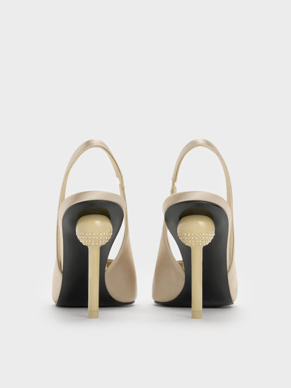 Satin Crystal Ball-Heel Slingback Pumps - Gold | CHARLES & KEITH