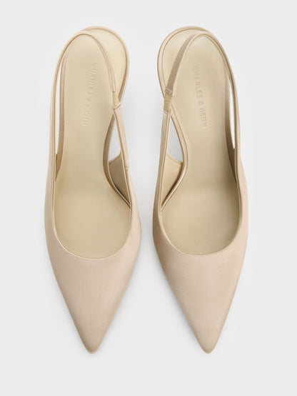 Satin Crystal Ball-Heel Slingback Pumps - Gold | CHARLES & KEITH