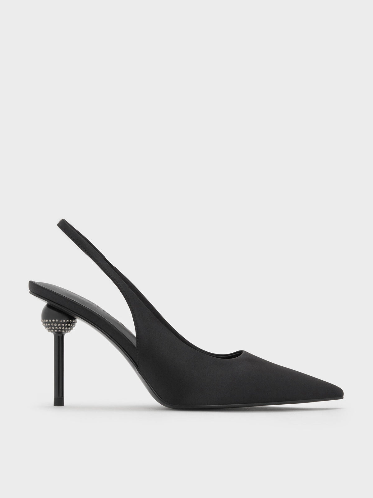 Satin Crystal Ball-Heel Slingback Pumps - Black Textured | CHARLES & KEITH