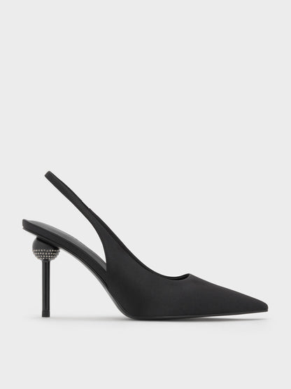 Satin Crystal Ball-Heel Slingback Pumps - Black Textured | CHARLES & KEITH