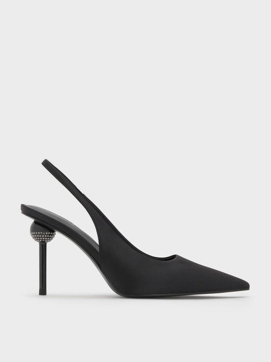 Satin Crystal Ball-Heel Slingback Pumps - Black Textured | CHARLES & KEITH