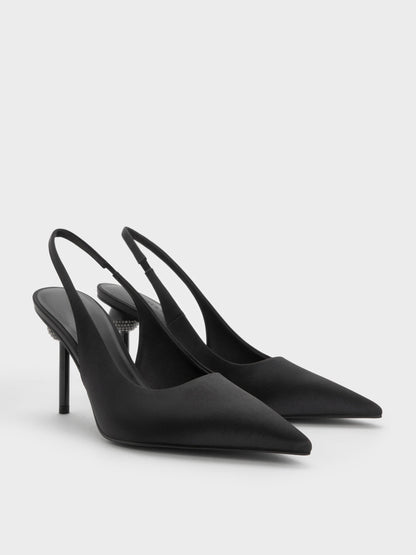 Satin Crystal Ball-Heel Slingback Pumps - Black Textured | CHARLES & KEITH