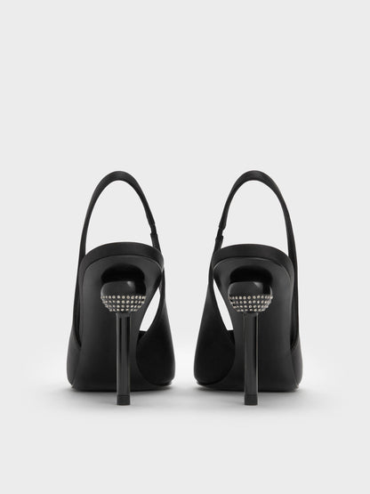 Satin Crystal Ball-Heel Slingback Pumps - Black Textured | CHARLES & KEITH