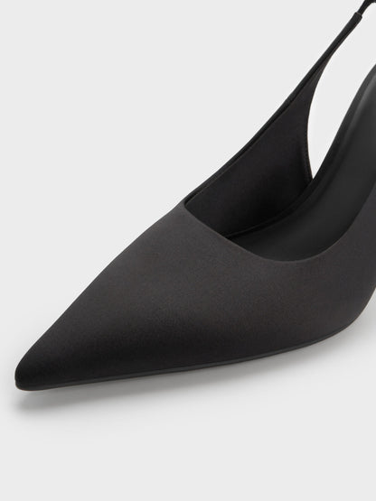 Satin Crystal Ball-Heel Slingback Pumps - Black Textured | CHARLES & KEITH