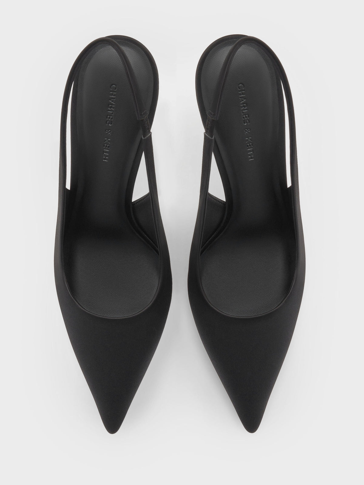 Satin Crystal Ball-Heel Slingback Pumps - Black Textured | CHARLES & KEITH