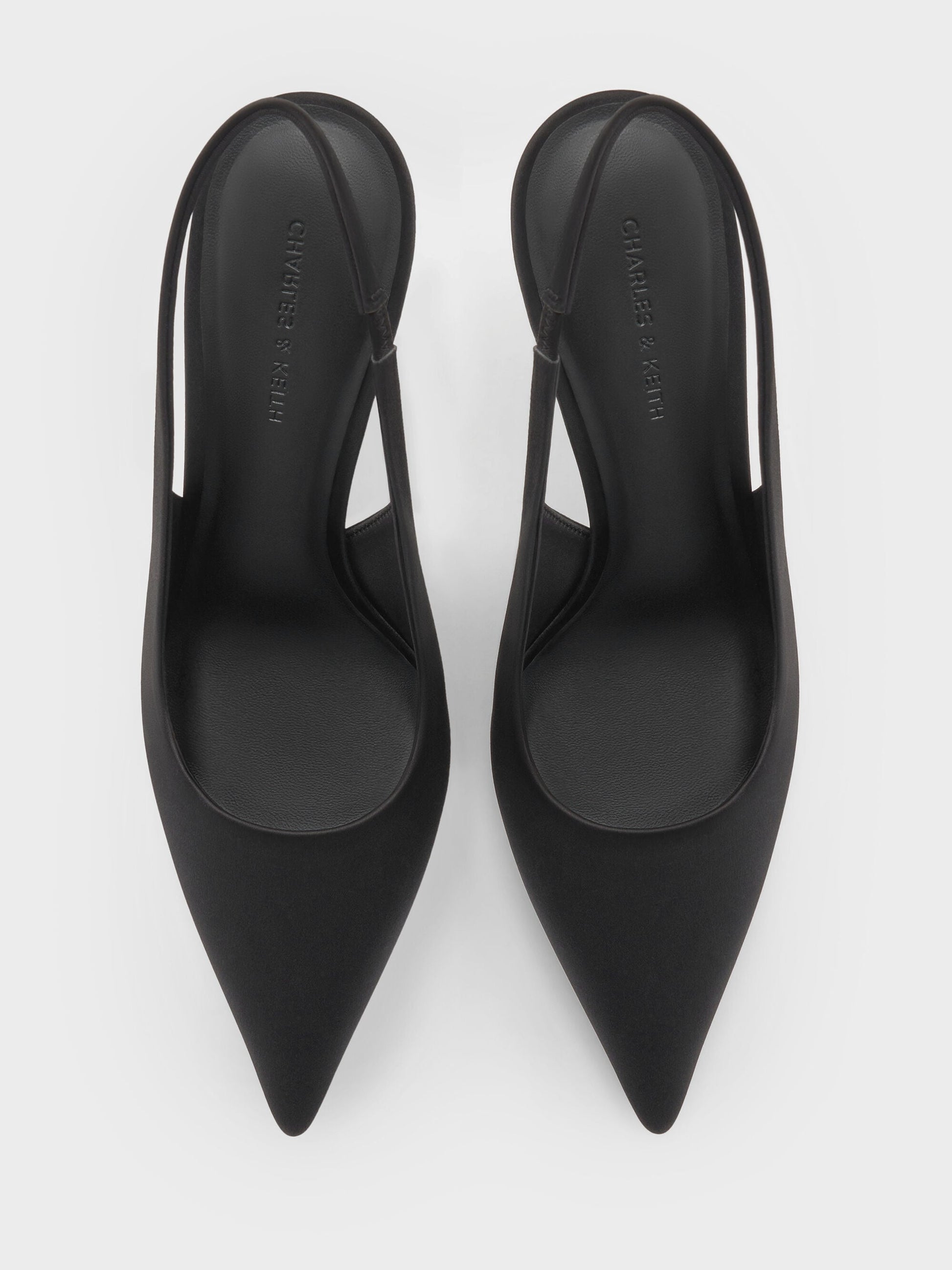 Satin Crystal Ball-Heel Slingback Pumps - Black Textured | CHARLES & KEITH