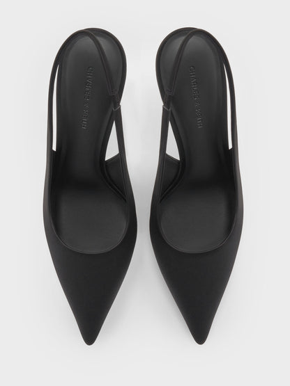 Satin Crystal Ball-Heel Slingback Pumps - Black Textured | CHARLES & KEITH