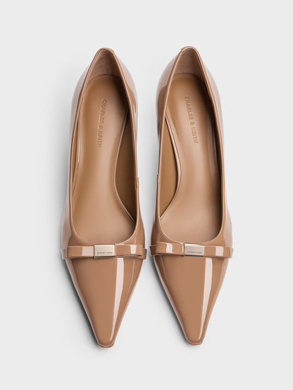 Dorian Patent Bow Pointed Stiletto Pumps - Caramel | CHARLES & KEITH