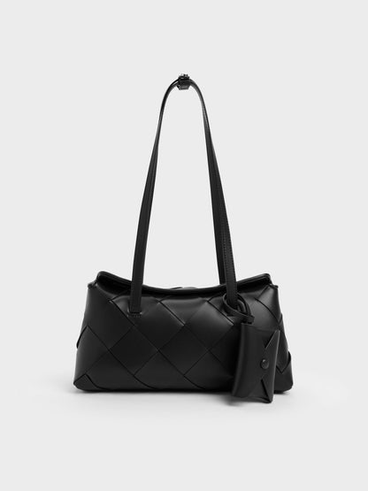 Maribel Woven Trapeze Shoulder Bag - Black | CHARLES & KEITH