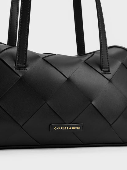 Maribel Woven Trapeze Shoulder Bag - Black | CHARLES & KEITH